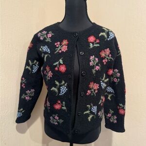 Marisa Christina Vintage Black Floral Embroidered Button Cardigan 100% Wool